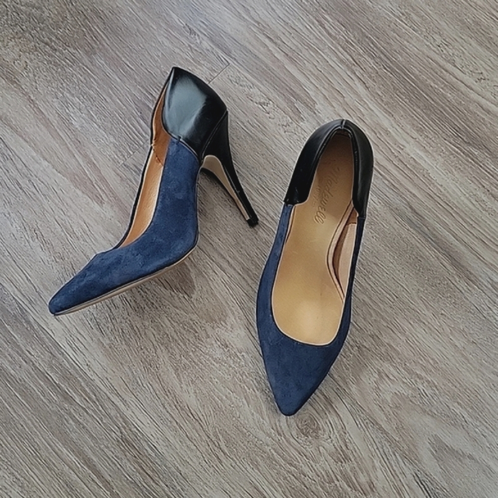 Madewell The Maddie Navy Blue & Black Leather & Brushed Suede Elegant Heels 8.5